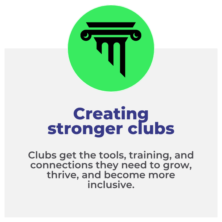 Creating stronger clubs: Clubs get the tools, training, and connections they need to grow, thrive, and become more inclusive.